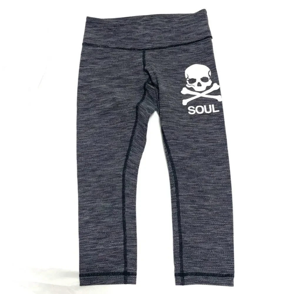 Lululemon Soul Cycle Grey Cropped Leggings Skull and Crossbones Size 4